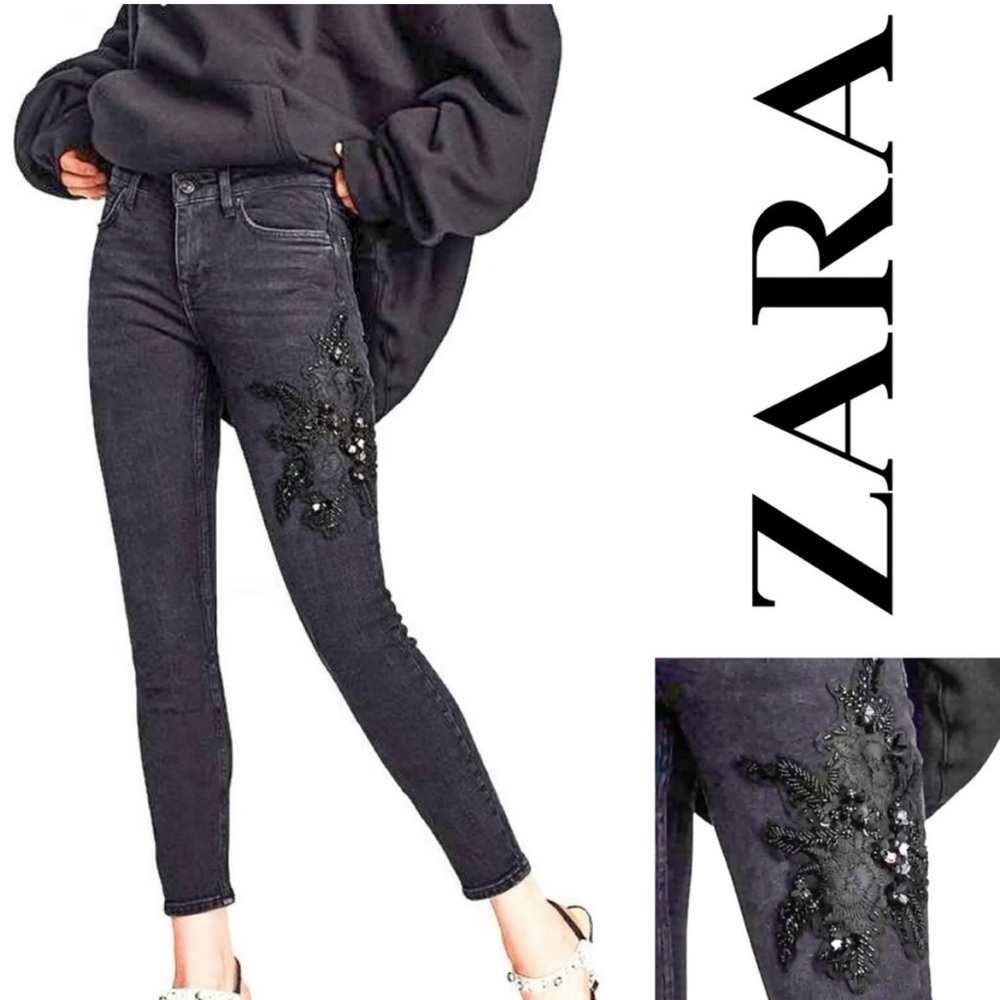 ZARA FLORAL EMBROIDERED JEANS BLACK |
